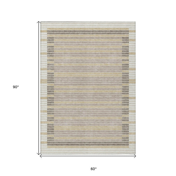 HomeRoots 5' Stylish Ivory and Beige Striped Washable Area Rug for Indoor and Outdoor Spaces, Durable Design 5' X 8' 610475