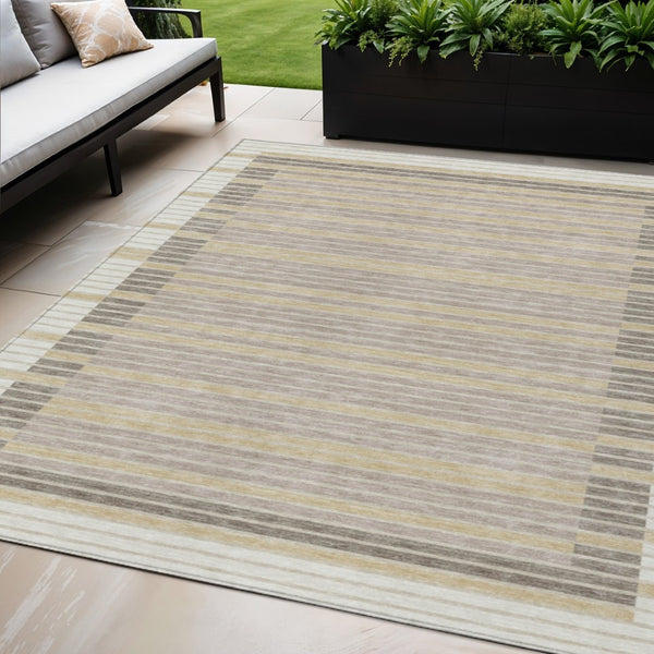 HomeRoots 5' Stylish Ivory and Beige Striped Washable Area Rug for Indoor and Outdoor Spaces, Durable Design 5' X 8' 610475