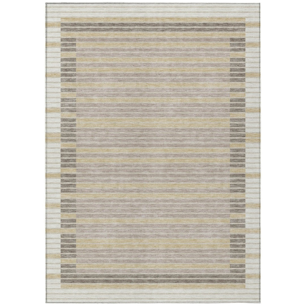 HomeRoots 5' Stylish Ivory and Beige Striped Washable Area Rug for Indoor and Outdoor Spaces, Durable Design 5' X 8' 610475