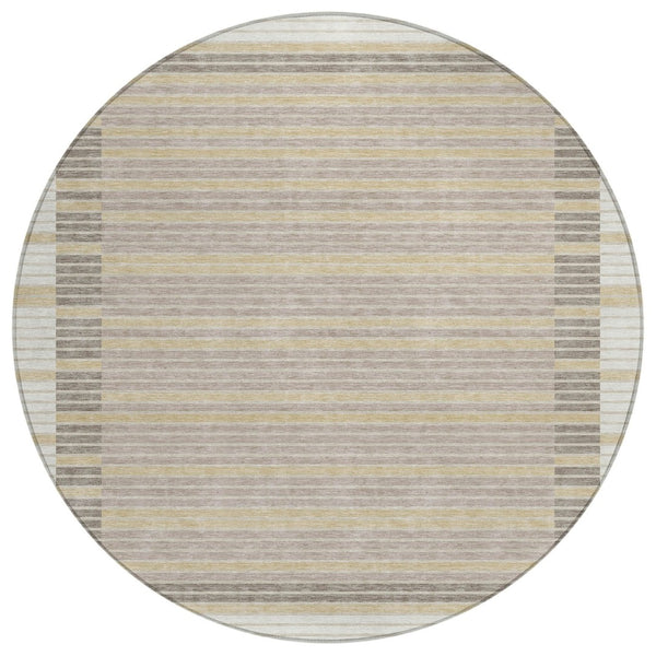 HomeRoots 5' Stylish Ivory and Beige Striped Washable Area Rug for Indoor and Outdoor Spaces, Durable Design 8' Round 610476