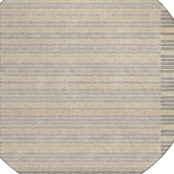 HomeRoots 5' Stylish Ivory and Beige Striped Washable Area Rug for Indoor and Outdoor Spaces, Durable Design 8' Round 610476