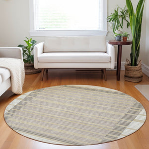 HomeRoots 5' Stylish Ivory and Beige Striped Washable Area Rug for Indoor and Outdoor Spaces, Durable Design 8' Round 610476