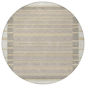 HomeRoots 5' Stylish Ivory and Beige Striped Washable Area Rug for Indoor and Outdoor Spaces, Durable Design 8' Round 610476