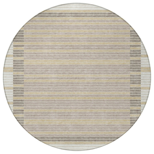 HomeRoots 5' Stylish Ivory and Beige Striped Washable Area Rug for Indoor and Outdoor Spaces, Durable Design 8' Round 610476