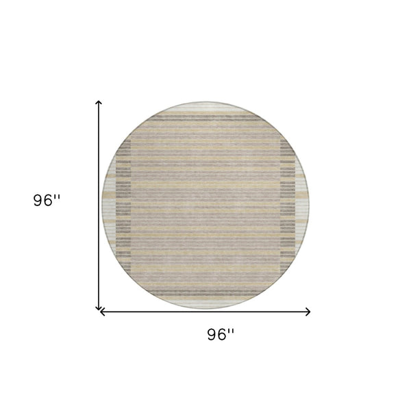 HomeRoots 5' Stylish Ivory and Beige Striped Washable Area Rug for Indoor and Outdoor Spaces, Durable Design 8' Round 610476
