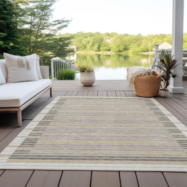 HomeRoots 5' Stylish Ivory and Beige Striped Washable Area Rug for Indoor and Outdoor Spaces, Durable Design 8' X 10' 610477