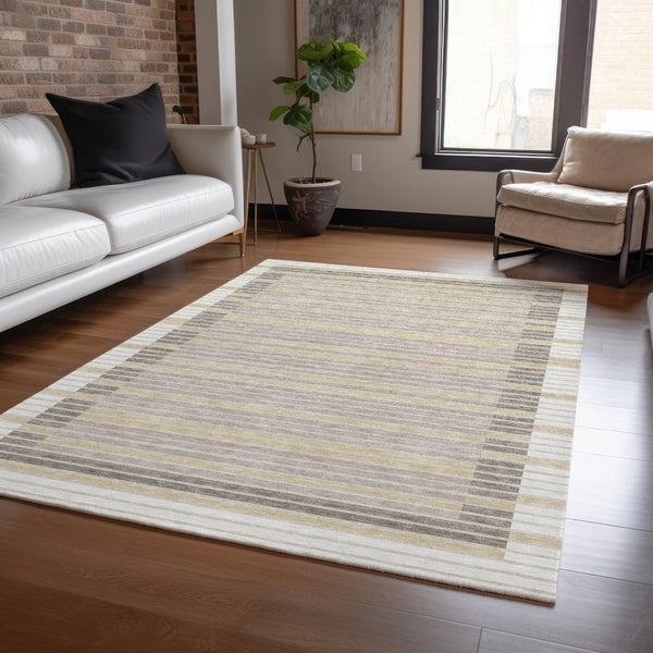 HomeRoots 5' Stylish Ivory and Beige Striped Washable Area Rug for Indoor and Outdoor Spaces, Durable Design 8' X 10' 610477