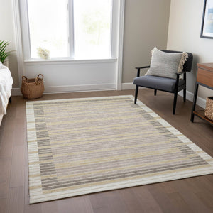 HomeRoots 5' Stylish Ivory and Beige Striped Washable Area Rug for Indoor and Outdoor Spaces, Durable Design 8' X 10' 610477