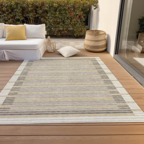 HomeRoots 5' Stylish Ivory and Beige Striped Washable Area Rug for Indoor and Outdoor Spaces, Durable Design 8' X 10' 610477