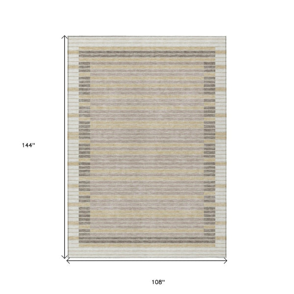 HomeRoots 5' Stylish Ivory and Beige Striped Washable Area Rug for Indoor and Outdoor Spaces, Durable Design 9' X 12' 610478