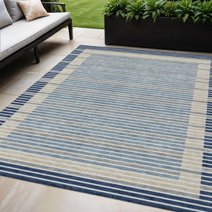HomeRoots 5' Striped Washable Indoor Outdoor Area Rug - Durable Navy & Denim Blue for High-Traffic Spaces 5' X 8' 610487