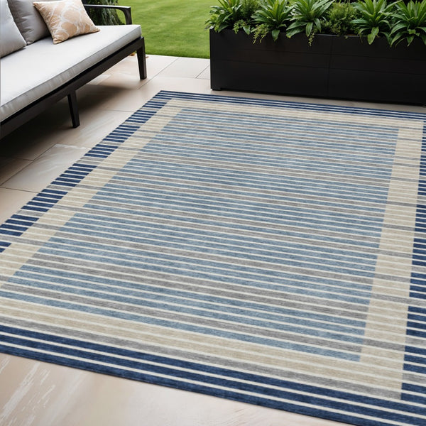 HomeRoots 5' Striped Washable Indoor Outdoor Area Rug - Durable Navy & Denim Blue for High-Traffic Spaces 5' X 8' 610487