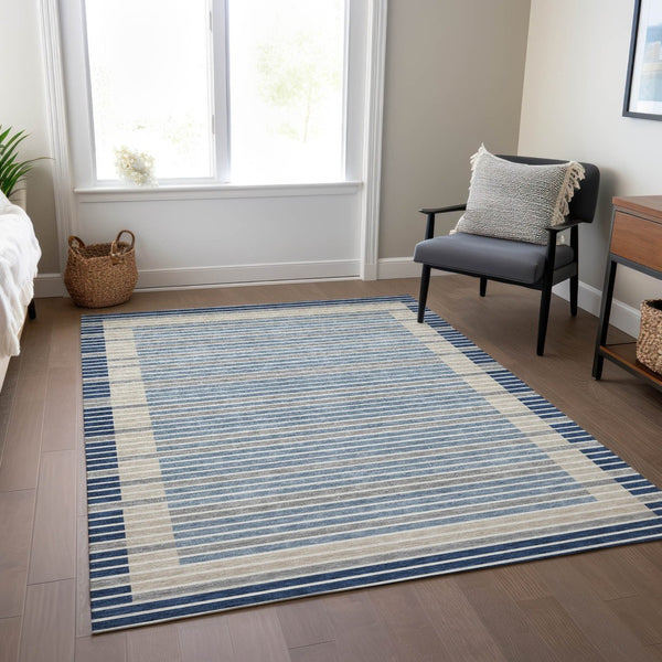 HomeRoots 5' Striped Washable Indoor Outdoor Area Rug - Durable Navy & Denim Blue for High-Traffic Spaces 5' X 8' 610487