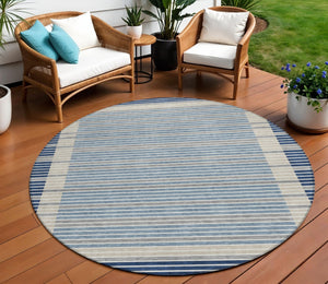 HomeRoots 5' Striped Washable Indoor Outdoor Area Rug - Durable Navy & Denim Blue for High-Traffic Spaces 8' Round 610488