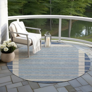 HomeRoots 5' Striped Washable Indoor Outdoor Area Rug - Durable Navy & Denim Blue for High-Traffic Spaces 8' Round 610488