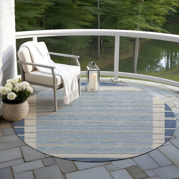 HomeRoots 5' Striped Washable Indoor Outdoor Area Rug - Durable Navy & Denim Blue for High-Traffic Spaces 8' Round 610488