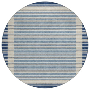 HomeRoots 5' Striped Washable Indoor Outdoor Area Rug - Durable Navy & Denim Blue for High-Traffic Spaces 8' Round 610488