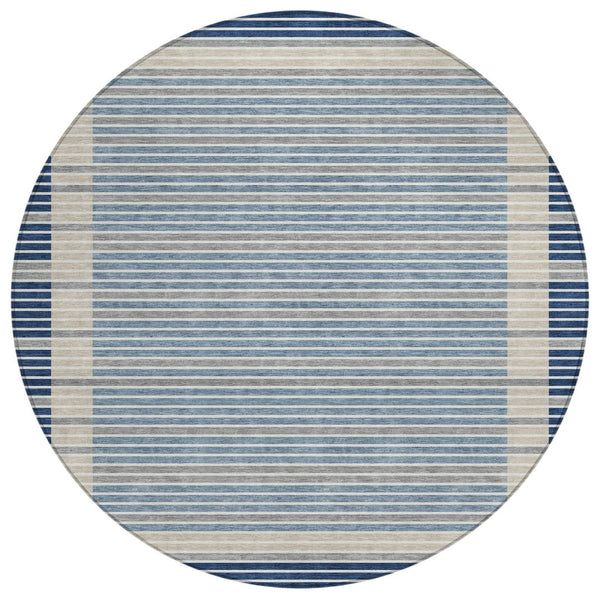 HomeRoots 5' Striped Washable Indoor Outdoor Area Rug - Durable Navy & Denim Blue for High-Traffic Spaces 8' Round 610488