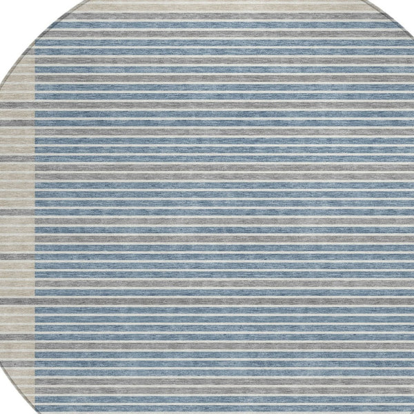 HomeRoots 5' Striped Washable Indoor Outdoor Area Rug - Durable Navy & Denim Blue for High-Traffic Spaces 8' Round 610488