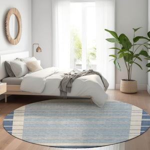 HomeRoots 5' Striped Washable Indoor Outdoor Area Rug - Durable Navy & Denim Blue for High-Traffic Spaces 8' Round 610488