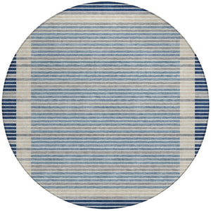 HomeRoots 5' Striped Washable Indoor Outdoor Area Rug - Durable Navy & Denim Blue for High-Traffic Spaces 8' Round 610488
