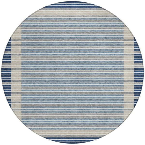HomeRoots 5' Striped Washable Indoor Outdoor Area Rug - Durable Navy & Denim Blue for High-Traffic Spaces 8' Round 610488