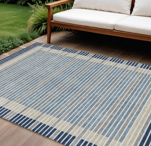 HomeRoots 5' Striped Washable Indoor Outdoor Area Rug - Durable Navy & Denim Blue for High-Traffic Spaces 8' X 10' 610489