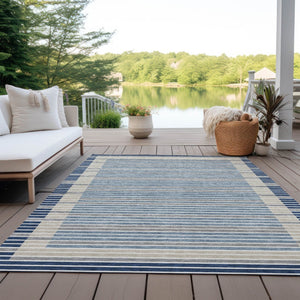 HomeRoots 5' Striped Washable Indoor Outdoor Area Rug - Durable Navy & Denim Blue for High-Traffic Spaces 8' X 10' 610489