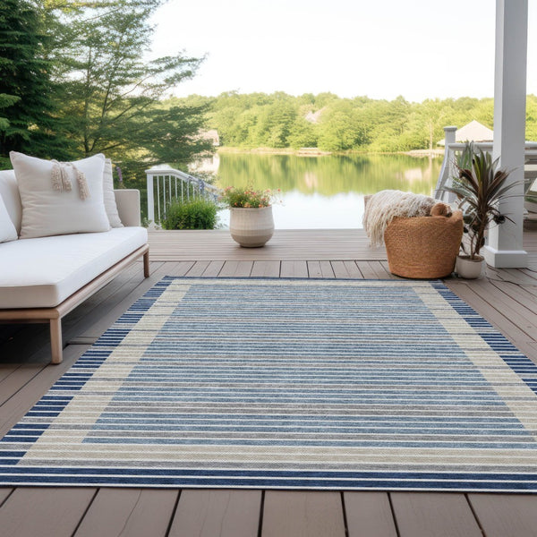 HomeRoots 5' Striped Washable Indoor Outdoor Area Rug - Durable Navy & Denim Blue for High-Traffic Spaces 8' X 10' 610489