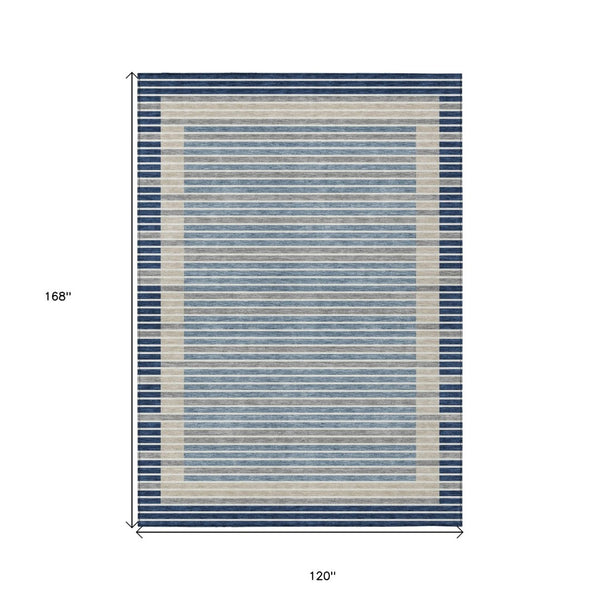 HomeRoots 5' Striped Washable Indoor Outdoor Area Rug - Durable Navy & Denim Blue for High-Traffic Spaces 10' X 14' 610491