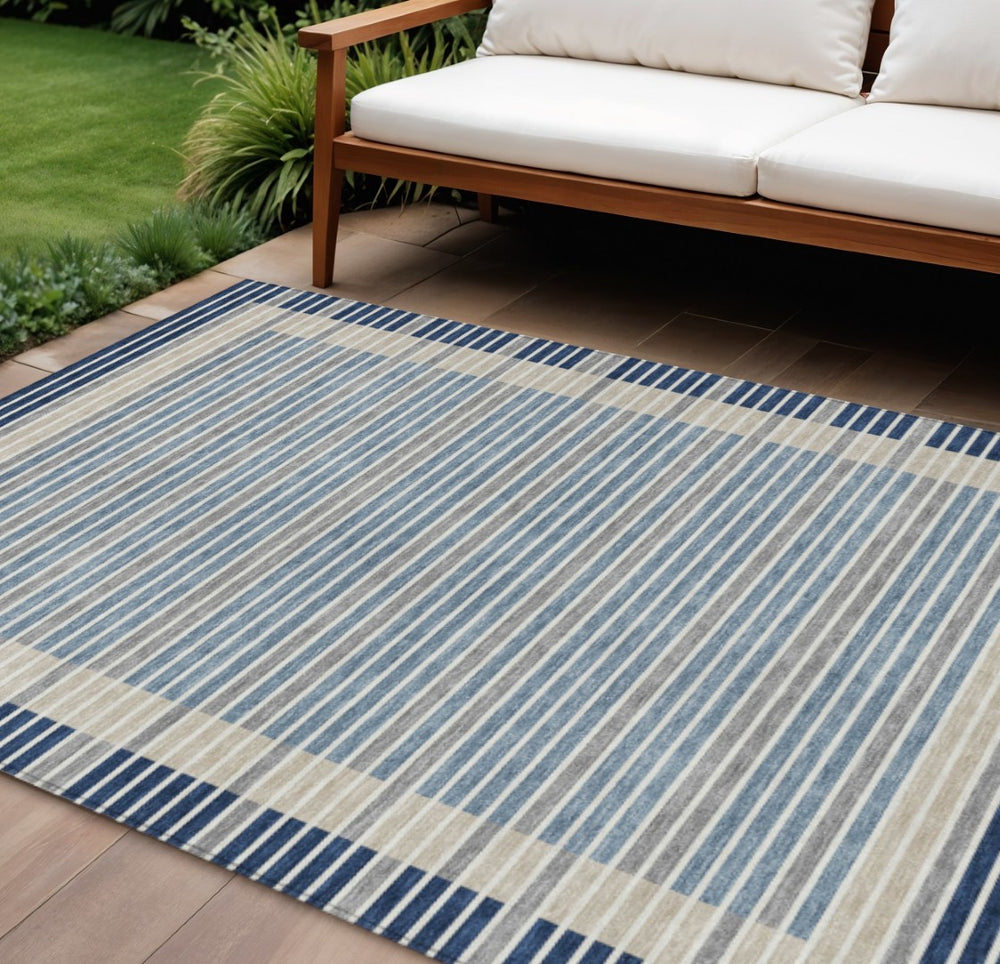 HomeRoots 5' Striped Washable Indoor Outdoor Area Rug - Durable Navy & Denim Blue for High-Traffic Spaces 10' X 14' 610491