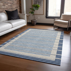 HomeRoots 5' Striped Washable Indoor Outdoor Area Rug - Durable Navy & Denim Blue for High-Traffic Spaces 10' X 14' 610491