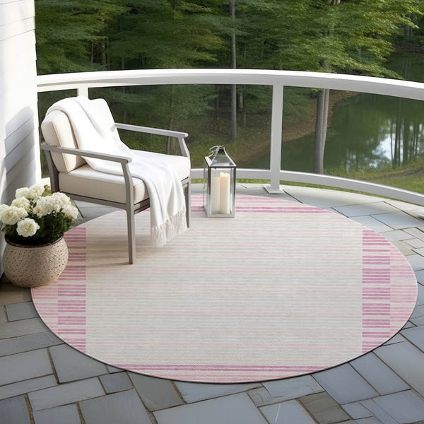 HomeRoots 5' Cheerful Pink and Ivory Striped Washable Area Rug for Indoor and Outdoor Spaces, Durable Design 8' Round 610494