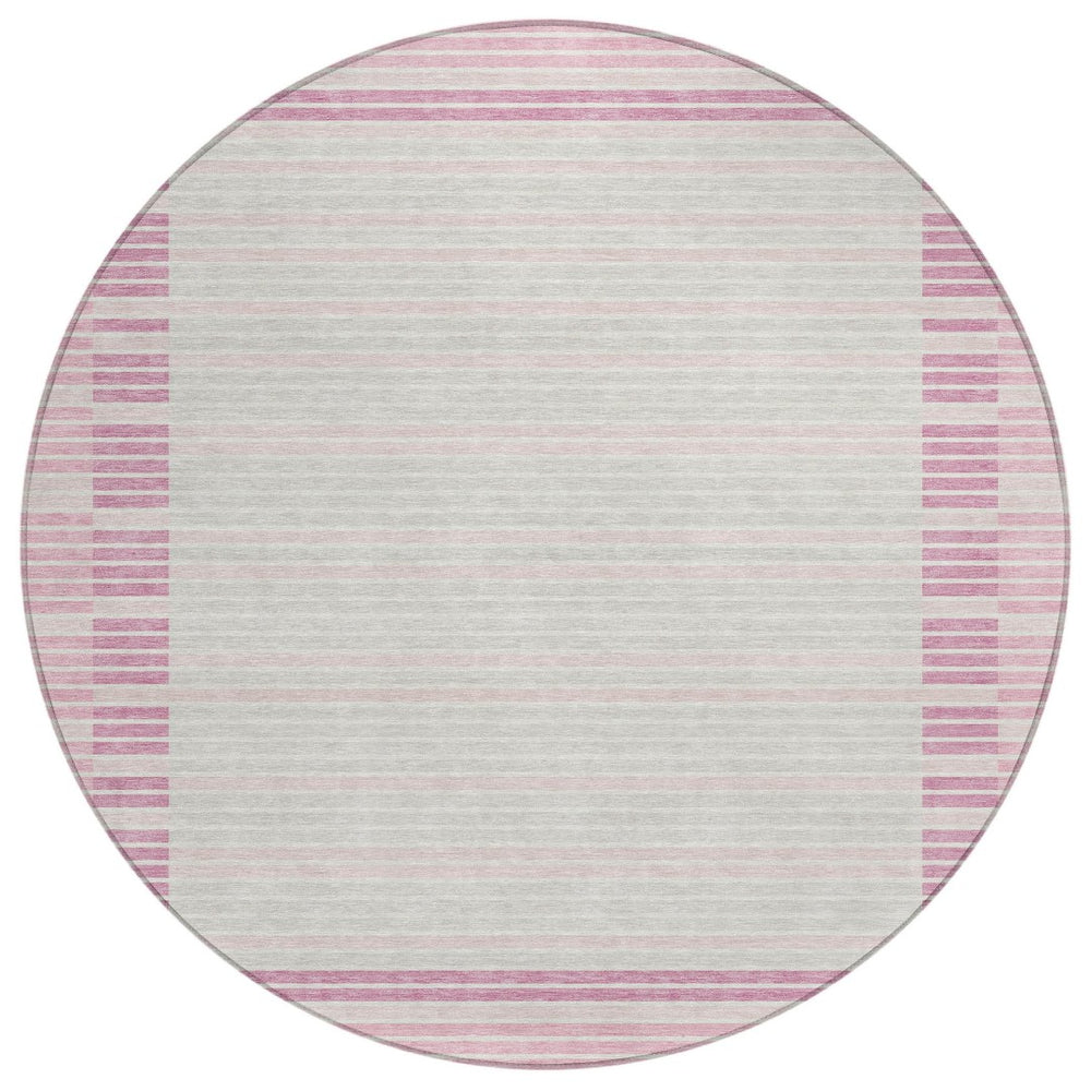 HomeRoots 5' Cheerful Pink and Ivory Striped Washable Area Rug for Indoor and Outdoor Spaces, Durable Design 8' Round 610494