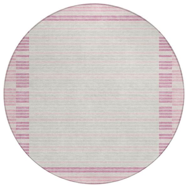 HomeRoots 5' Cheerful Pink and Ivory Striped Washable Area Rug for Indoor and Outdoor Spaces, Durable Design 8' Round 610494