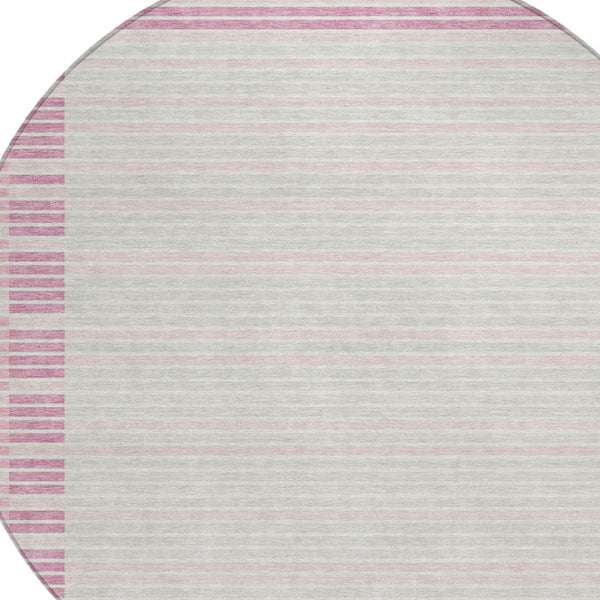 HomeRoots 5' Cheerful Pink and Ivory Striped Washable Area Rug for Indoor and Outdoor Spaces, Durable Design 8' Round 610494