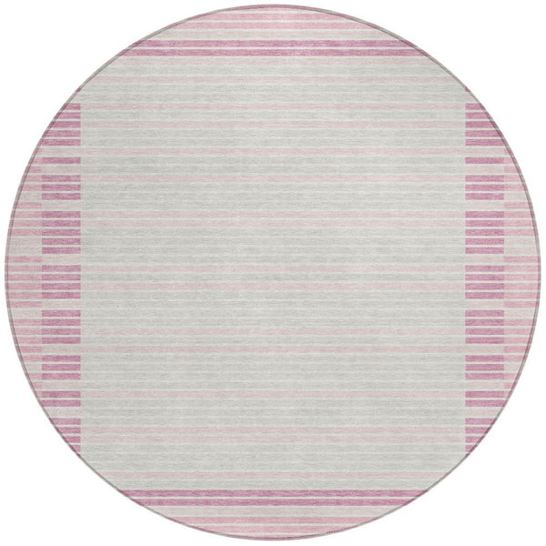 HomeRoots 5' Cheerful Pink and Ivory Striped Washable Area Rug for Indoor and Outdoor Spaces, Durable Design 8' Round 610494