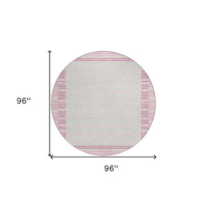 HomeRoots 5' Cheerful Pink and Ivory Striped Washable Area Rug for Indoor and Outdoor Spaces, Durable Design 8' Round 610494