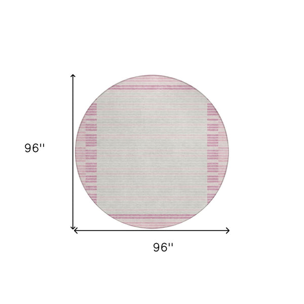 HomeRoots 5' Cheerful Pink and Ivory Striped Washable Area Rug for Indoor and Outdoor Spaces, Durable Design 8' Round 610494