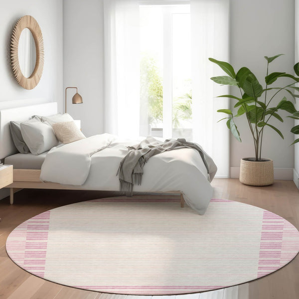 HomeRoots 5' Cheerful Pink and Ivory Striped Washable Area Rug for Indoor and Outdoor Spaces, Durable Design 8' Round 610494