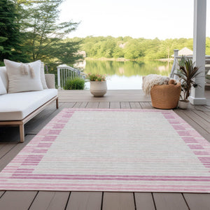 HomeRoots 5' Cheerful Pink and Ivory Striped Washable Area Rug for Indoor and Outdoor Spaces, Durable Design 8' X 10' 610495