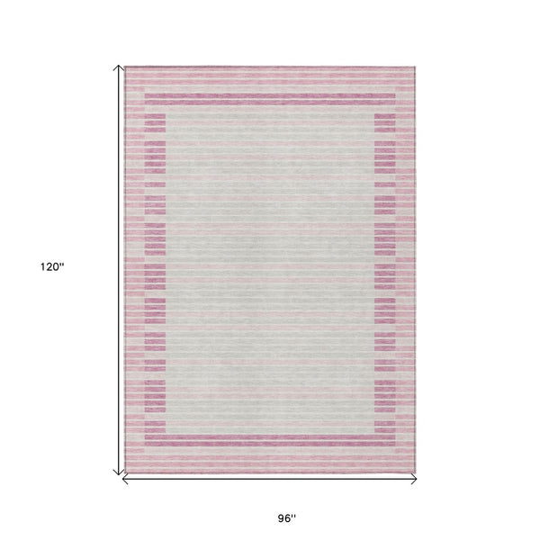 HomeRoots 5' Cheerful Pink and Ivory Striped Washable Area Rug for Indoor and Outdoor Spaces, Durable Design 8' X 10' 610495