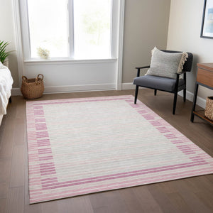 HomeRoots 5' Cheerful Pink and Ivory Striped Washable Area Rug for Indoor and Outdoor Spaces, Durable Design 9' X 12' 610496