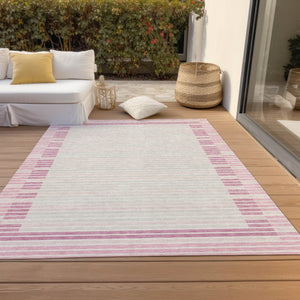 HomeRoots 5' Cheerful Pink and Ivory Striped Washable Area Rug for Indoor and Outdoor Spaces, Durable Design 9' X 12' 610496