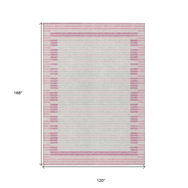 HomeRoots 5' Cheerful Pink and Ivory Striped Washable Area Rug for Indoor and Outdoor Spaces, Durable Design 10' X 14' 610497