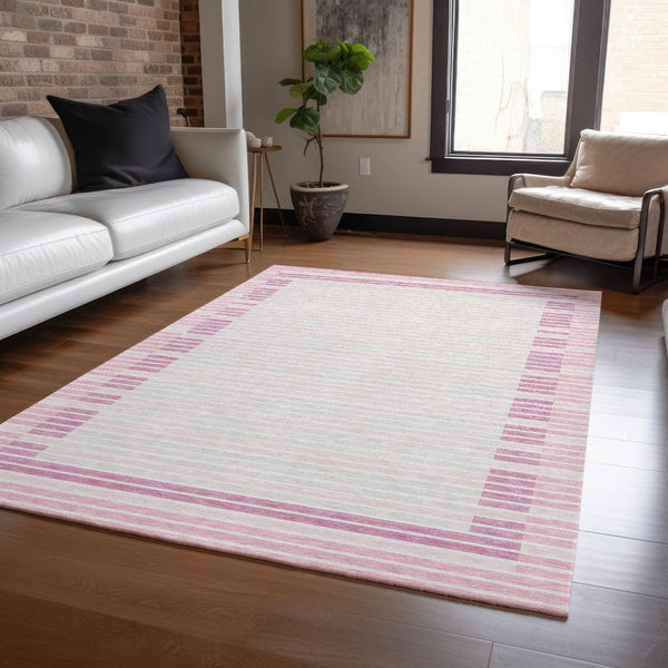 HomeRoots 5' Cheerful Pink and Ivory Striped Washable Area Rug for Indoor and Outdoor Spaces, Durable Design 10' X 14' 610497