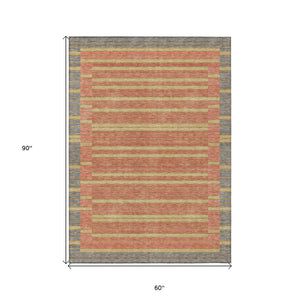 HomeRoots 5' Stylish Pewter and Gold Striped Area Rug for Indoor/Outdoor Spaces - Durable & Washable Design 5' X 8' 610499