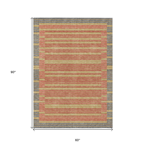 HomeRoots 5' Stylish Pewter and Gold Striped Area Rug for Indoor/Outdoor Spaces - Durable & Washable Design 5' X 8' 610499
