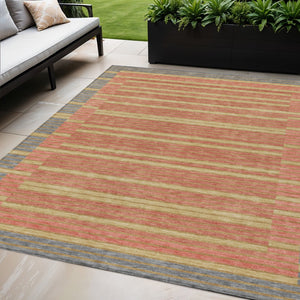 HomeRoots 5' Stylish Pewter and Gold Striped Area Rug for Indoor/Outdoor Spaces - Durable & Washable Design 5' X 8' 610499