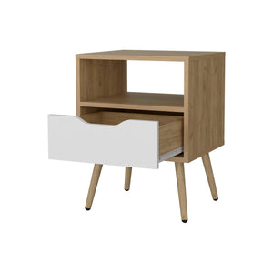 English Elm Natural Oak and White Scandinavian Nightstand with Drawer Cut-Out, Open Shelf & Angled Legs for Cozy Storage B062P303913